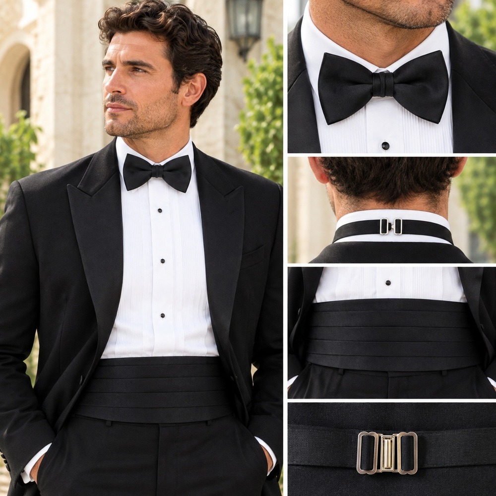 Mens Black Satin Pleated Cummerbund and Pre-Tied Bow Tie Formal Tuxedo Set